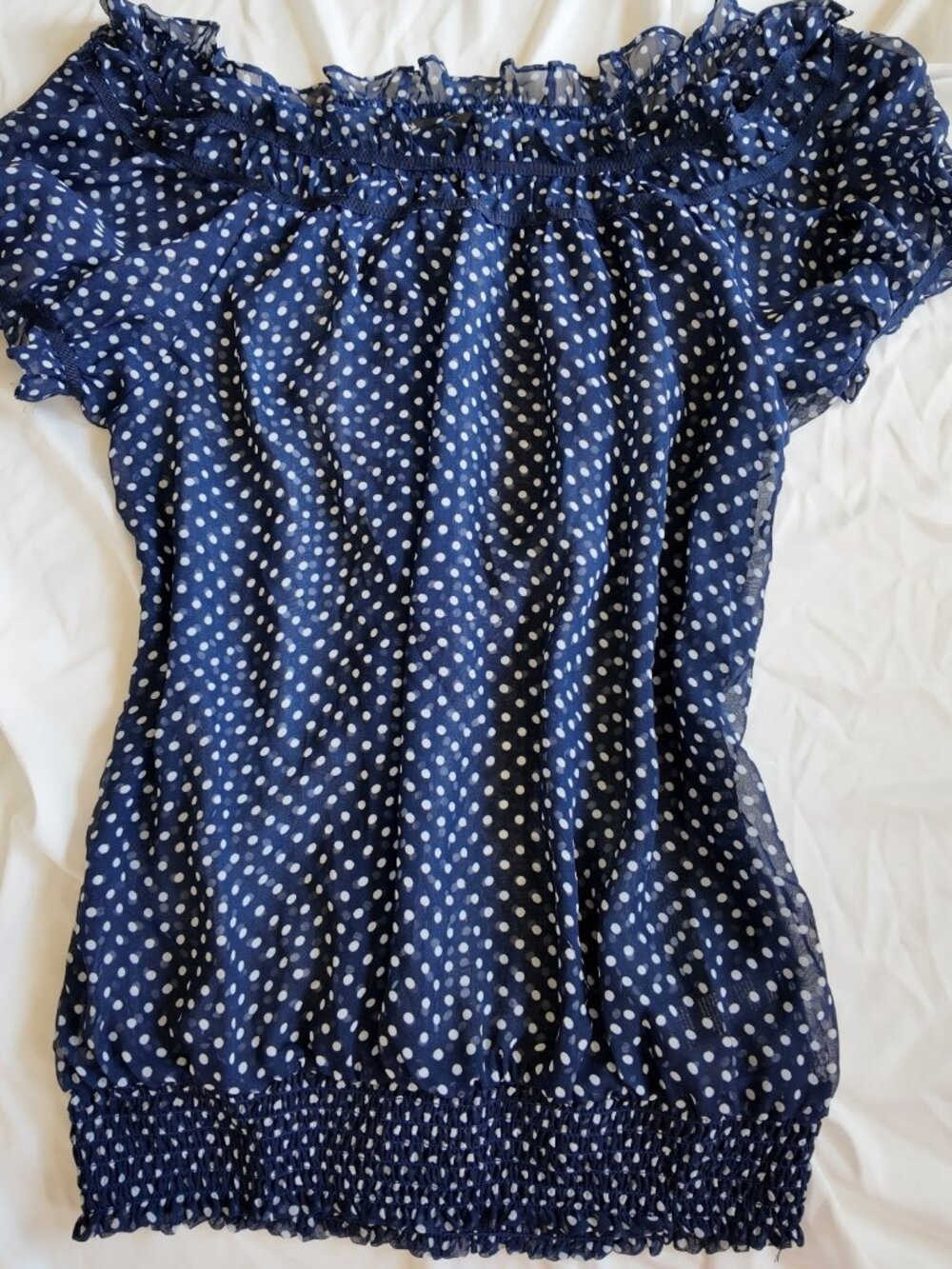 Forever 21 Top Size S Navy Blue Polka Dot Off The Shoulder Chiffon Blouse Y2K